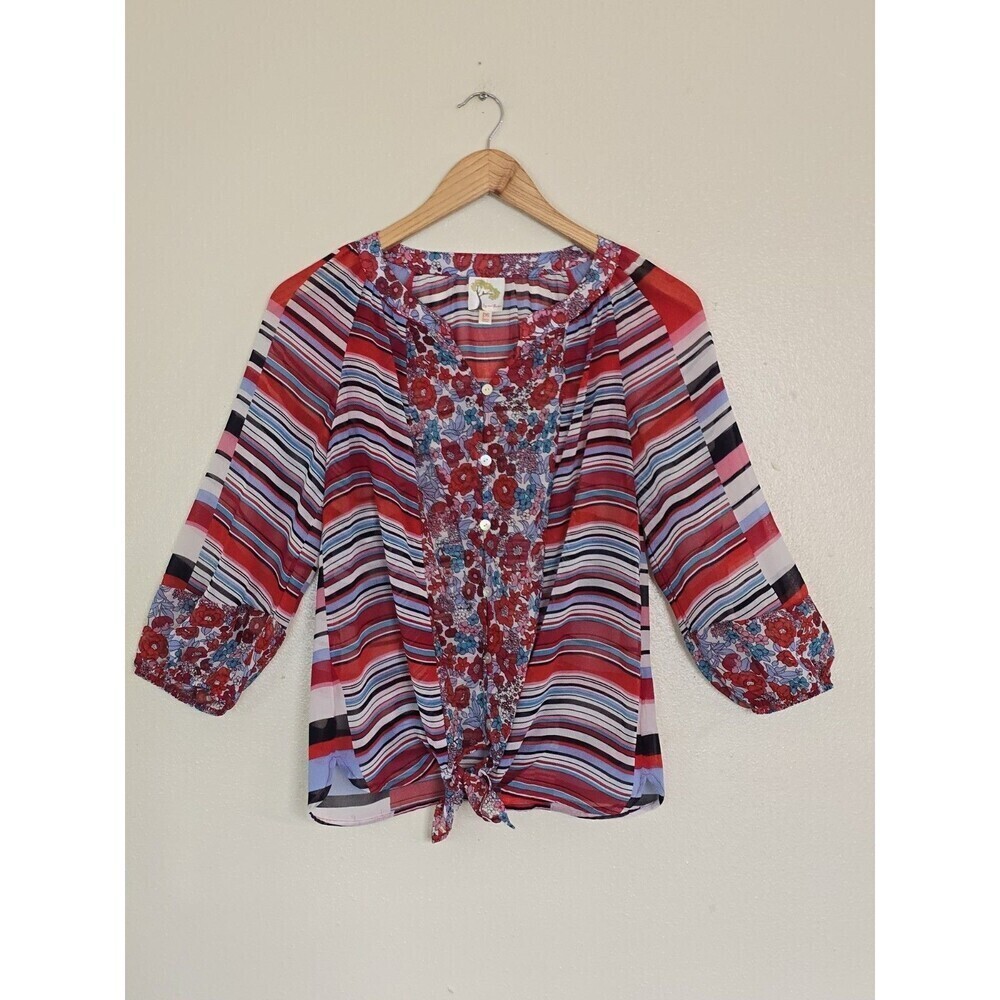 Fig & Flower Blouse Womens PS Boho Floral Stripe Tie Front 3/4 Sleeve - Picture 2 of 12